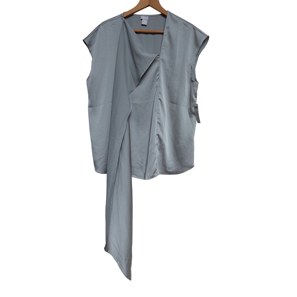 Chicos Silvered Gray Wrap Neck Scarf Blouse Cap Sleeve Size 3 16/18 XL Choc